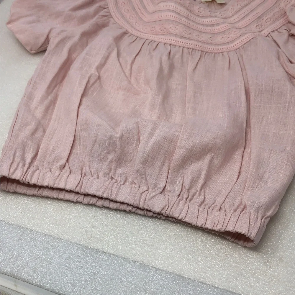 NEW Chelsea & Violet Blouse Linen Blend Blush Pink Lace Neckline Size M 10/12